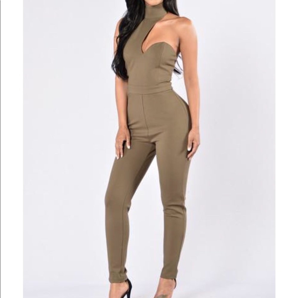 An olive green jumpsuit